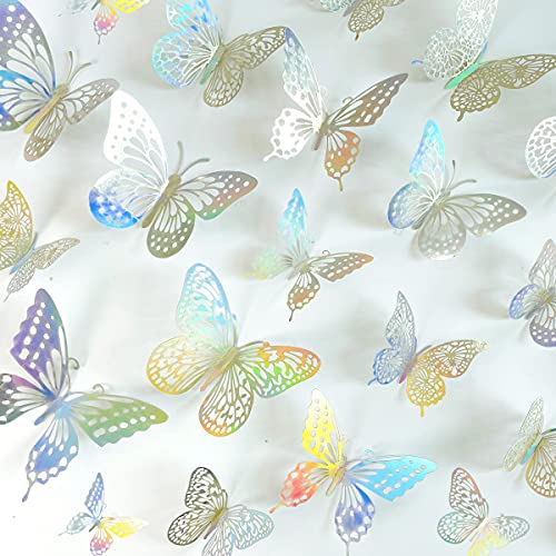 Butterfly Wall Stickers Decorations 3D Butterflies Decals for Girls Room Bedroom Nursery Decor Butterfly Birthday Party Decoration Wedding Cake Decorating 48pcs (Laser)