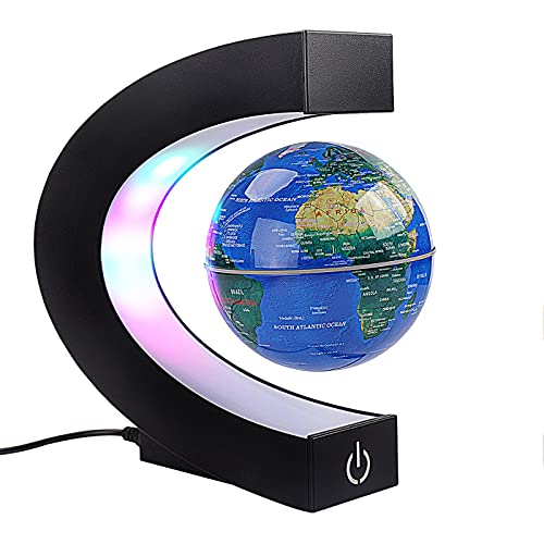 Floating Globe with Colored LED Lights C Shape Anti Gravity Magnetic Levitation Rotating World Map with Touch Switch for Gift Home Office Desk Decoration with Switch (Blue)