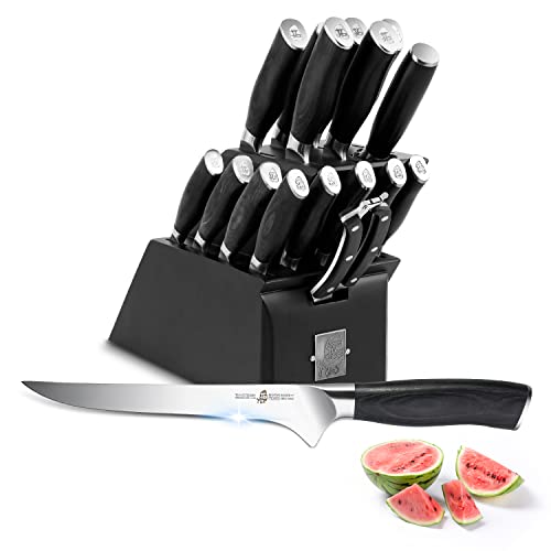 TUO 17pcs Knife Set With Block,Kitchen Knives Set,Knives Block Set With Knife Sharpener,German HC Steel Ergonomic Pakkawood Handle Gift Box Cutlery, Fiery Phoenix Series – Black
