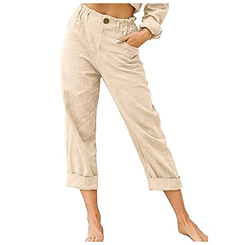 Leirke Womens Linen Buttons Cropped Pants High Elastic Waist with Pockets for Summer Casual Work Crop Pants Stretch Capris(Beige,XX-Large)