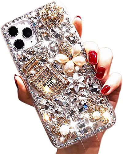 iPhone 12 Pro Max Bling Glitter Case,Luxury Bling Diamond Rhinestone Gemstone 3D Perfume Bottle and Flower Gemstone Soft TPU Back Cover Case for Women with iPhone 12 Pro Max 6.7″