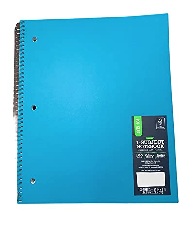 Pen & Gear 1-Subject Spiral Notebook, 100 Sheets, 11″ x 9″, College Ruled, w/2 Inside Pockets, Poly Cover, 3-Hole Punched (Bright Blue)