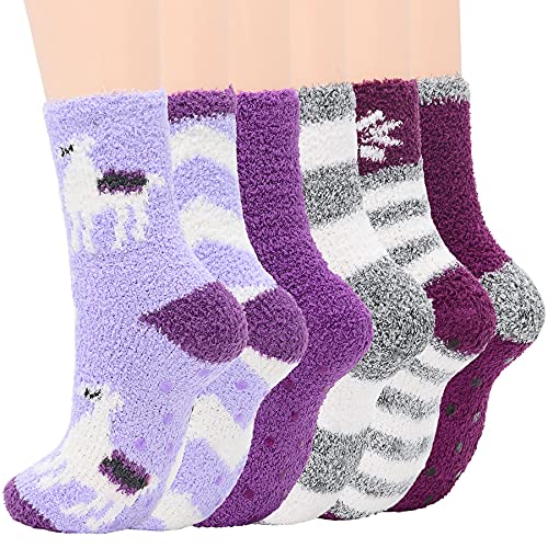 Zando Womens Fuzzy Socks with Grips for Women Athletic Pilates Socks Cozy Fluffy Socks Non-Slip Slipper Grip Socks Fleece Thick Socks Plush Warm Socks Super Soft Sleep Socks 6/Deer Purple One Size