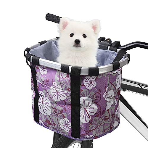 Doorslay Bike Basket Front Removable Bicycle Handlebar Basket Small Pet Cat Dog Carrier Folding Detachable Max. Bearing: 11lbs (Purple)