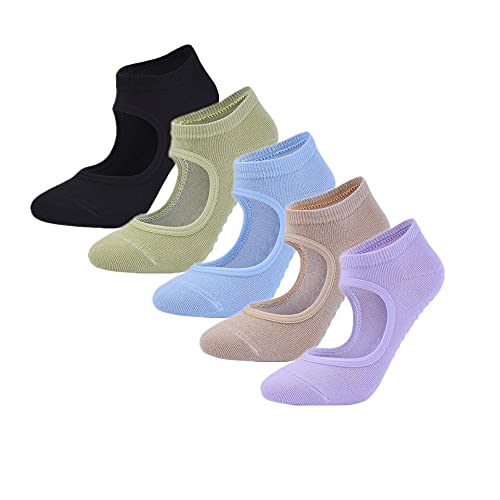 5 Pairs Non Slip Yoga Socks for Women&Girls,Non-Skid Socks for Pilates, Ballet, Dance, Hospital Women Barefoot Workout, Purple ,Black, Lake Blue,brown,french Grey, 9
