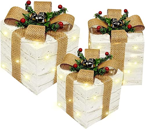 Lighted Boxes Decorations,Set of 3 Gift Boxes,70 LED Warm Lights Present Box Ornaments, Clear Xmas Tree Ornaments, Outdoor Indoor Holiday Party Home Wedding Yard Décor (White)