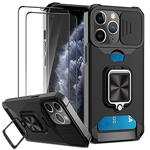Jusy Wallet Case for iPhone 11 Pro Max & 2 Screen Protectors, with Sliding Camera Cover, Card Holder Slot and Magnetic Kickstand Ring, Heavy Duty Case Military Grade Cover (Black)