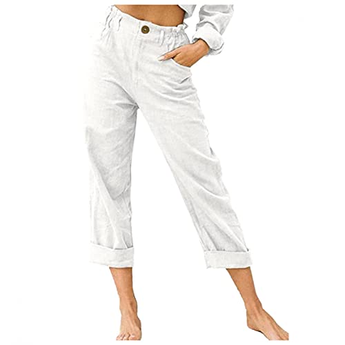 Leirke Womens Linen Buttons Cropped Pants High Elastic Waist with Pockets for Summer Casual Work Crop Pants Stretch Capris(White,Large)