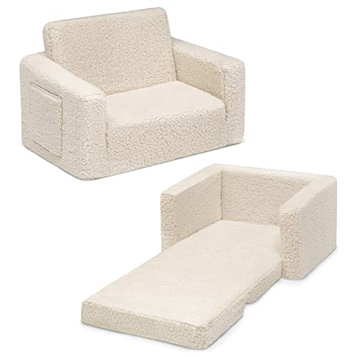 Delta Children Cozee Flip-Out Sherpa 2-in-1 Convertible Chair to Lounger for Kids, Cream