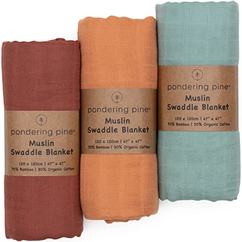 Organic Muslin Swaddle Blankets – Baby Receiving Blanket Neutral – Solid Muslin Swaddle Blankets Organic Cotton and Bamboo, Earth Tone Collection, XLarge Soft and Breathable, 3 Pack, 47″ X 47″