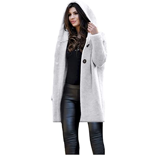 Cardigan for Women Long Sleeve Pure Color Hooded Outwear Loose Long Sweater Buttons Cardigan Beige