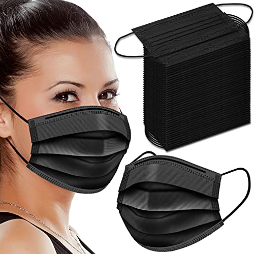 50PCS Disposable Face Mask 3 Ply for Unisex Adults Mens Women Non-Woven Masks for Home Office Indoor Outdoor (Black)
