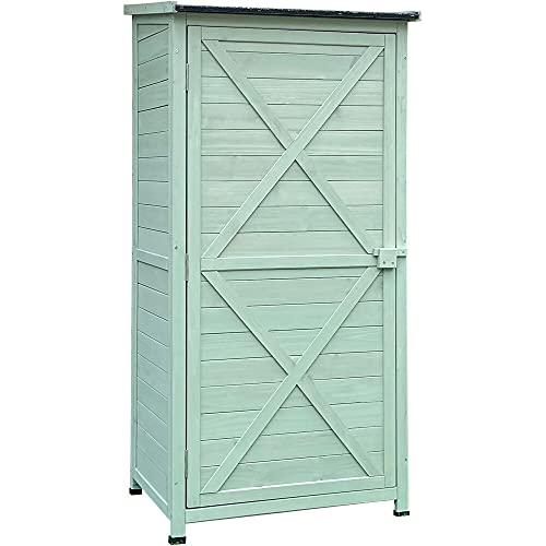 Hanover (1.7’x2.25’x4.7′) Vertical Green Wooden Shed with Shelves and Sloped Waterproof Roof Outdoor Storage Unit for Organizing Garden Supplies, Patio Accessories & Tools 7-Cu.Ft Storage Space