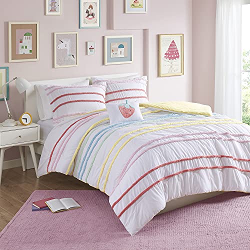 Comfort Spaces Marlo Cotton Comforter Set – Vibrant Color and Adorable Print, Cozy Bedding with Matching Shams, Decorative Pillow, Chenille Stripes Pink, Full/Queen 4 Piece