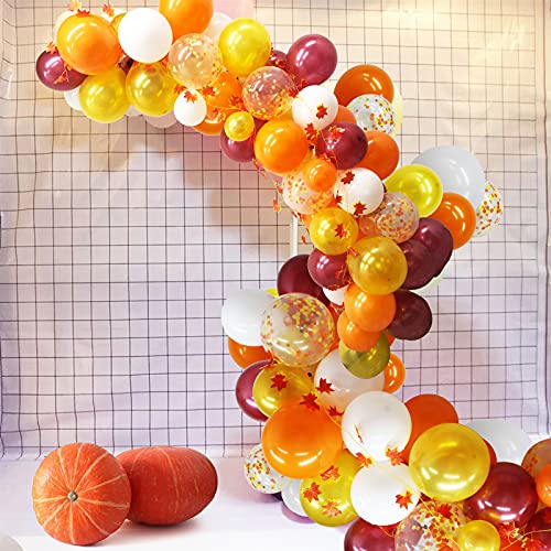 Thanksgiving Themed Balloon Arch Garland Kit, 110 Pack Orange Gold Burgundy White Confetti Balloons with Fake Maple Leaves Garland and Balloon Accessories for Autumn Fall Party Baby Shower Wedding Birthday Party Decoration Supplies