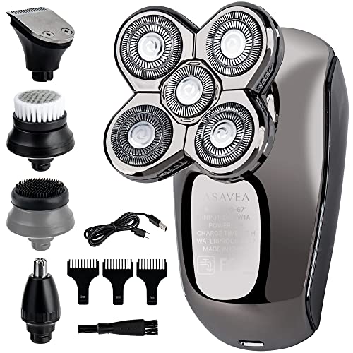 AsaVea Shaver Head Shaver for Bald Men : Grooming Kit, Five-Headed Beard, Hair Razor for a Perfect Bald Look, Cordless and Rechargeable, Black