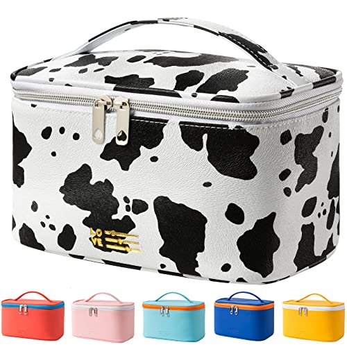 Makeup Bag Portable Travel Cosmetic Bag for Women, Beauty Zipper Makeup Organizer PU Leather Washable Waterproof (Cow Print)