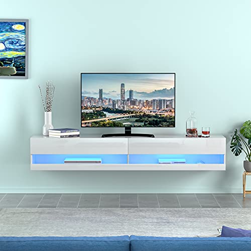 AUXSOUL Floating LED TV Stand – High Glossy Wall Mounted Entertainment Center for 80 Inch TV Screen – Modern TV Cabinet – RGB LED Light Media Console Table – Floating TV Stand Shelf (White)