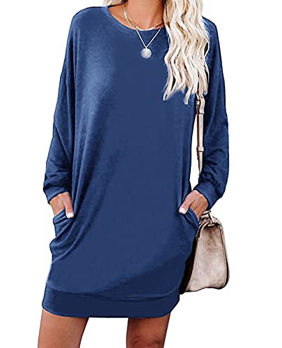 LuckyMore Women’s Long Sleeve Casual Sweatshirt Dresses Fall Sweatshirts for Women with Pockets Blue L
