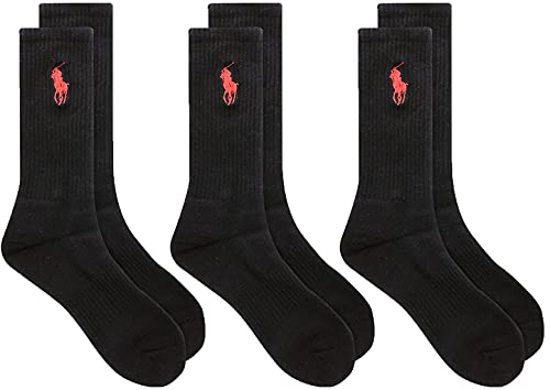 Polo Ralph Lauren Men’s 3-Pack Embroided Big Pony Sport Crew Socks, Black, 10-13