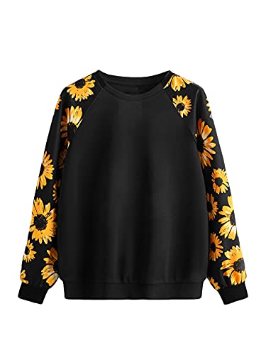 Romwe Women’s Floral Raglan Sleeve Round Neck Sweatshirt Black AA XL