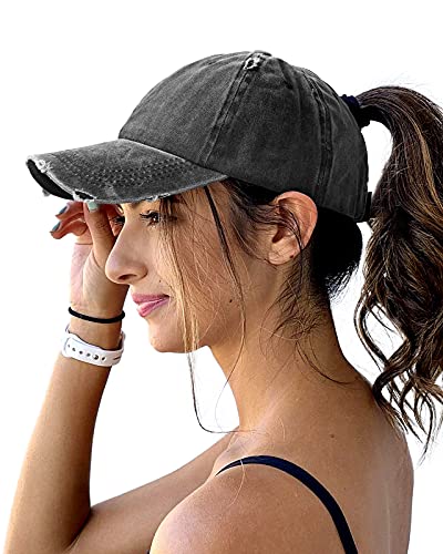 Lvaiz Womens Distressed Baseball Cap Cotton Dad Hat with Ponytail Hole Versatile Washed Ponycaps