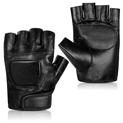 Accmor Genuine Leather Cycling Fingerless Gloves, Outdoor Driving Motorcycle Sport Half Finger Glove for Men Women Teens