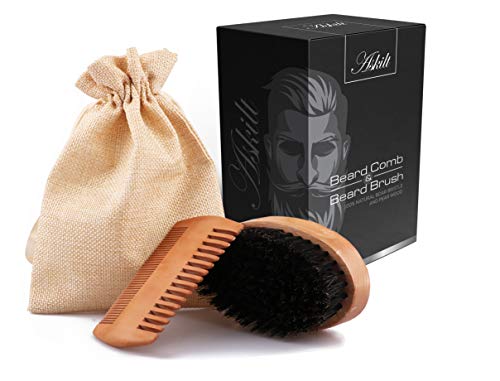 Beard Comb & Beard Brush Set Natural Boar Bristle Brush and Dual Action Pear Wood Comb to Spread Balm or Oil for Growth – Softness Exfoliates Skin Helps Softening and Conditioning
