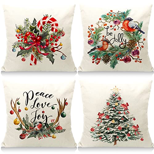 Christmas Pillow Covers 18×18 Christmas Throw Pillow Covers Cotton Linen Christmas Decorations Set of 4 for Farmhouse Home Decor