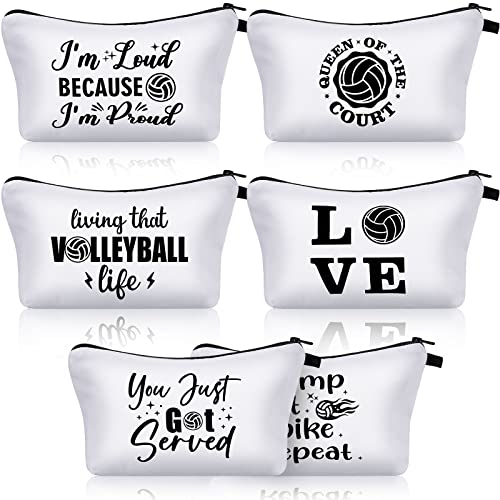 6 Pieces Volleyball Gift Volleyball Makeup Bag Volleyball Pouch Toiletry Bag Portable Sport Cosmetic Bag Volleyball Stuff Volleyball Pencil Case with Zippers for Teen Girls Women Players Teams (White)