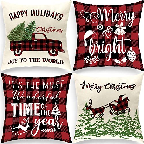 Cirzone Christmas Throw Pillow Covers Outdoor Pillow Covers Cotton Linen Christmas Pillow Covers 18×18 Christmas Decorations Set of 4 for Farmhouse Home Christmas Decor