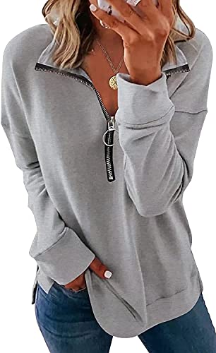 ORANDESIGNE Women’s Casual Long Sleeve Lapel Sweatshirt Solid Color Loose Fit Half Zip Up Pullover Tops A Grey