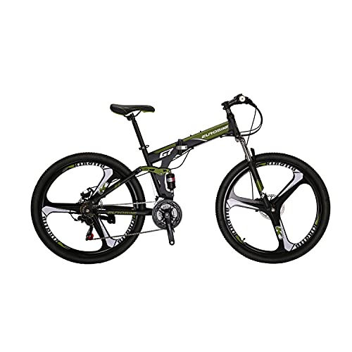 EUROBIKE XLX-G7 Folding Mountain Bike 27.5Inch Wheels Dual Disc Brake 21 Speed Adult Floding MTB Bicycle for Men and Women (Army Green 3 Spoke mag Wheel)