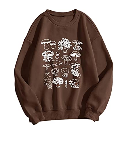 SAFRISIOR Women Mushroom Graphic Print Thermal Sweatshirt Oversized Crew Neck Long Sleeve Drop Shoulder Pullover Brown