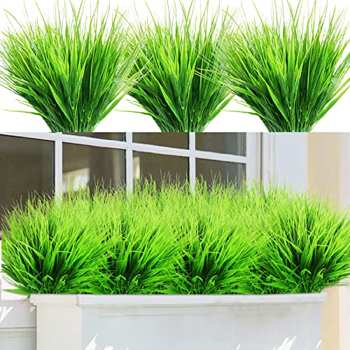 10 Bundles Artificial Plants UV Resistant Fake Plants No Fade Faux Plants for Indoor Outdoor,Plastic Wheat Grass Garden Porch Window Box Home Farmhouse Décor(Green Grass)