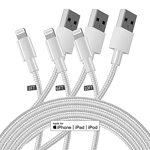 [Apple MFi Certified] 3 Pack iPhone Charger Cord, Premium Lightning Cable (3/6/10ft) Multipack and Length for iPhone 13 pro Max/12/11/XS/X/8/7/6 Plus/6s/5/SE/iPad Mini Air(White)