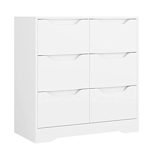 URKNO Modern 6 Drawer Dresser, Double Chest of Drawers with Storage, 3+3 Clothing Organizer with Cut-Out Handle, Dresser Chest, Wood Storage Cabinet for Living Room, Bedroom, Hallway, White