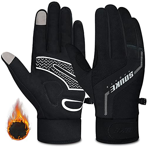 Souke Sports Winter Cycling Bike Gloves Padded Fleece-Liner Full Finger Bicycle Shock-Absorbing Anti-Slip Warm MTB Road Biking Gloves for Men/Women(Black,Large)