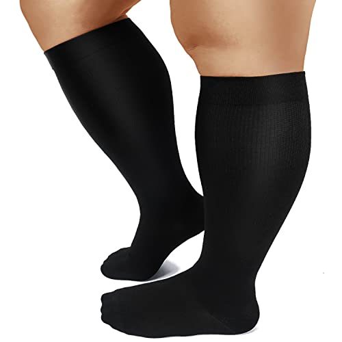 DHSO 1 Pack Plus Size Compression Socks for Women & Men, 20-30 mmhg Extra Wide Calf Knee High Stockings for Circulation Support Recovery, Black, 3XL
