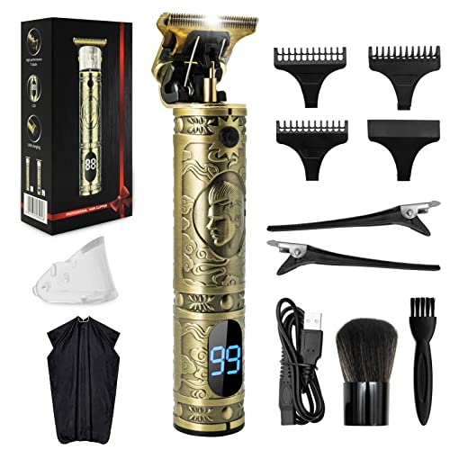 TLZGCNMD Professional Mens Hair Clipper Cordless Electric Beard Trimmer Zero Gapped T-Blade Trimmer Haircut & Grooming Kit for Men Rechargeable LCD Display Gold PRO