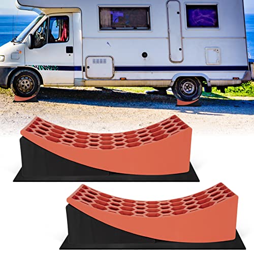 WELLUCK RV Camper Leveler Kit, 2 Packs Heavy Duty Curved RV Leveling Blocks Ramp Wheel Chock for Travel Trailer, Up to 35,000 lbs, Anti-Slip Mats Included, Level your RV on First Try