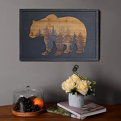 SOFFEE DESIGN 28” x18” Wooden Wall Prints Creative 3D Bear with Forest Patterns, Farmhouse Cute Bear Art Sign Cabin Decorative for Gallery, Living Room, Bedroom (Bear)