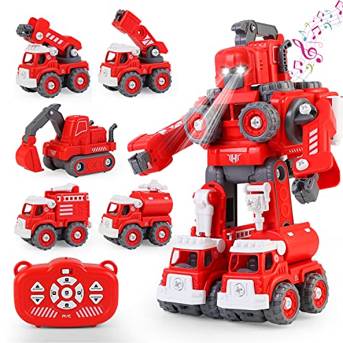 TuKIIE Remote Control Take Apart Robot Toys for Kids, RC Car 5 in 1 Fire Truck Vehicle Set Transform into Robot, STEM Building Toy for Toddlers Boys Girls Ages 3+(Red)