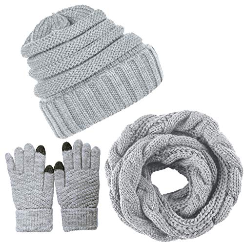 CheChury Women Winter Warm Knitted Scarf Beanie Hat and Gloves Set Soft Stretch Hat Scarf and Touch Screen Mitten Set Slouchy Knit Beanie Matching Winter Set Knitted Scarf Warm Soft Set Gift for Women (Grey)