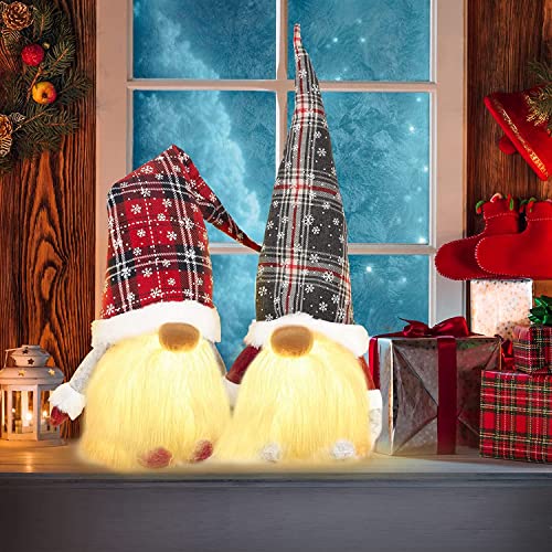 Christmas Gnomes Decorations with LED Lights, 18″ Holiday Gnome Plush Buffalo Plaid Handmade Swedish Tomte Ornaments Scandinavian Santa Elf for Table Thanksgiving Holiday Decor,2 Pack