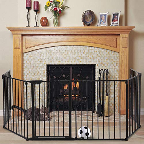 Sandinrayli Fireplace Baby Gate 4 in 1 Child Safety Fireplace Playpen 146 Inch 6 Panel Wide Barrier Pet Gate Guard Metal Fence (Black)
