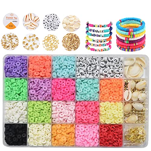 4800pcs+ Clay Beads for Bracelets Making,18 Colors 6mm Flat Round Clay Beads with Pendant Charms Kit and Elastic Strings Making Kit…