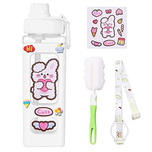 Portable Kawaii Water Bottle with Straw and Lid, Cute Water Bottles BPA-free & Leak Proof Square School Drinking Bottle, Plastic Fruit Juice Travel Water Bottle for Girl/Adult (White, 900ml/30oz)