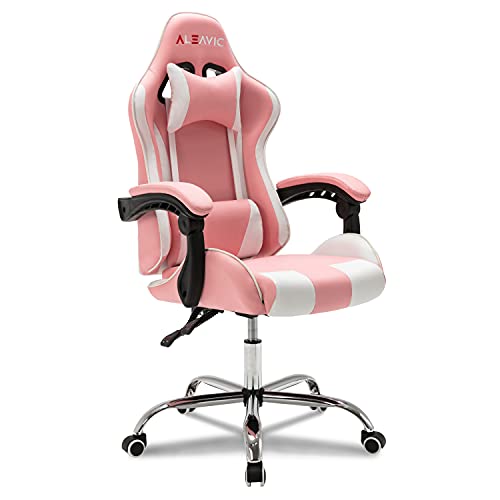 ALEAVIC Pink Gaming Chair High Back Ergonomic Adjustable，Racing Style PU Leather Gaming Chair for Adults，Computer Gaming Chair with Headrest and Lumbar Support (Pink/White)