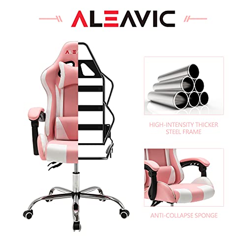 ALEAVIC Pink Gaming Chair High Back Ergonomic Adjustable，Racing Style PU Leather Gaming Chair for Adults，Computer Gaming Chair with Headrest and Lumbar Support (Pink/White) | The Storepaperoomates Retail Market - Fast Affordable Shopping